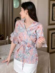 Dazy Designer 女士花卉印花裹身式上衣，荷叶边袖口，系带腰身，度假装扮，女士花卉图案 - 彩色 - 查看 6