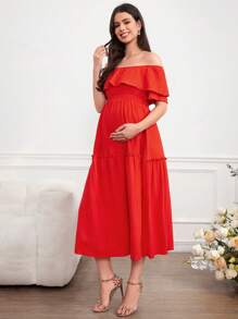 SHEIN Solid Color Maternity Off-Shoulder Dress With Cinching Waist
