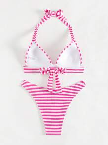 SHEIN Swim Conjunto de bikini con escote de cuello de halter con rayas, anudado, para playa de verano para mujer