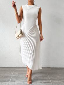 Rafferiza 纯色不对称下摆褶皱拼接连衣裙长款女装 - 白色 - 查看 1