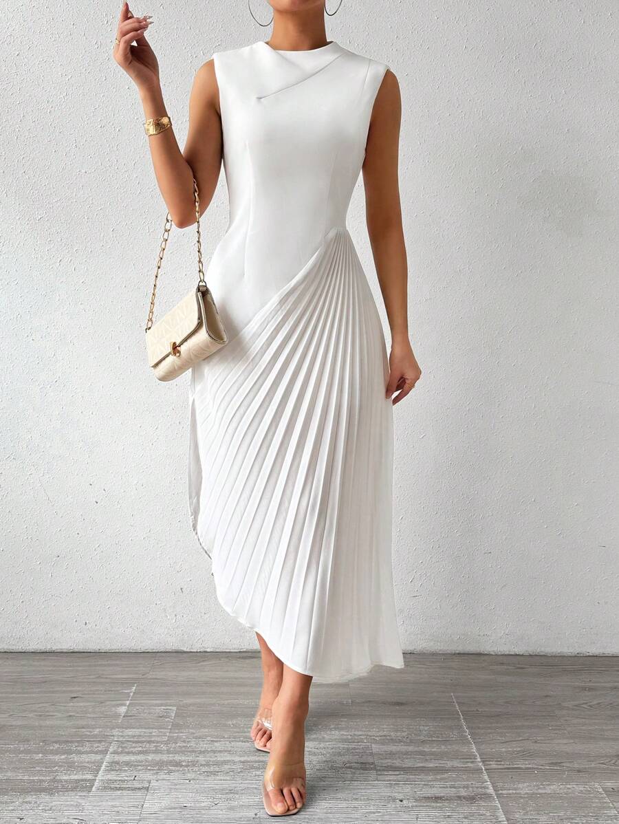 Rafferiza 纯色不对称下摆褶皱拼接连衣裙长款女装 - 白色 - 查看 1