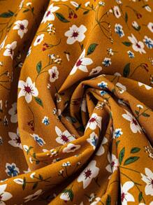 SHEIN LUNE 大码花卉印花褶皱腰 V 领连衣裙长款女装 - 黃色 - 查看 4