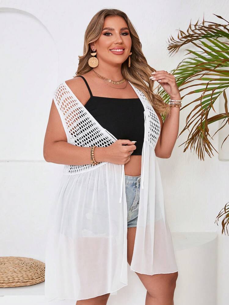 Plus Size Women's Patchwork Hollow Out Front Tie Sleeveless Cardigan With Split Hem