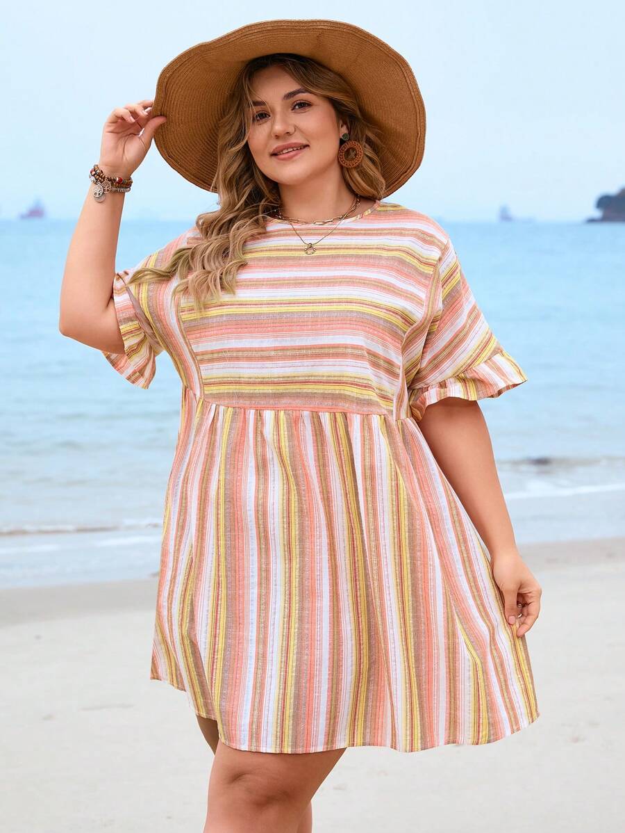 SHEIN VCAY 大碼條紋喇叭袖連身裙 - 彩色 - 查看 1