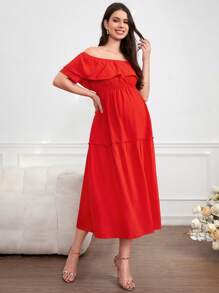 SHEIN Solid Color Maternity Off-Shoulder Dress With Cinching Waist
