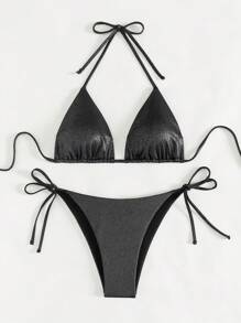 SHEIN Swim 女士純色頸掛比基尼套裝,沙灘裝泳衣夏季 - 黑色 - 查看 4