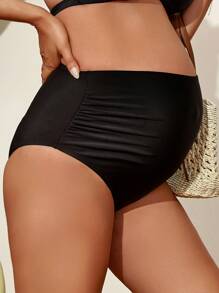 SHEIN Summer Beach Maternity Solid Color Ruched High Waisted Swimwear Bikini Bottom, Maternity Bathing Suit