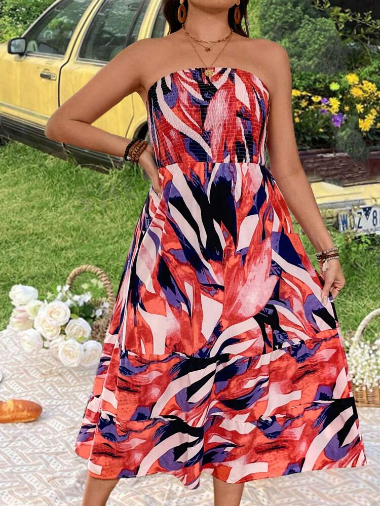 Plus Size Women's Full Printed Shirred Strapless Dress