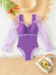 Tween Girl Mesh Spliced Flare Sleeve One Piece Swimsuit, Perfect For Summer Vacation Beachwear - Purple - View 1