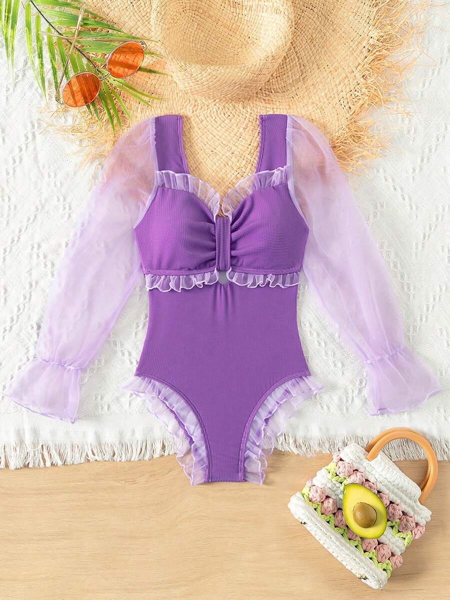 Tween Girl Mesh Spliced Flare Sleeve One Piece Swimsuit, Perfect For Summer Vacation Beachwear - Purple - View 1