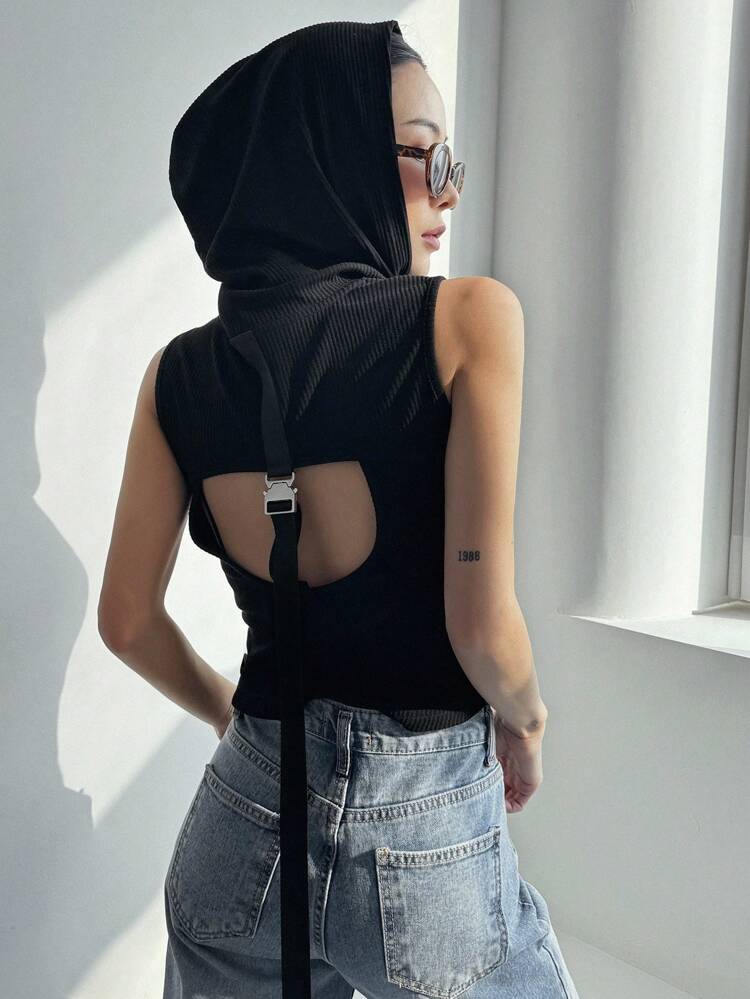 Solid Color Cropped Hollow Out Back Hoodie Tank Top