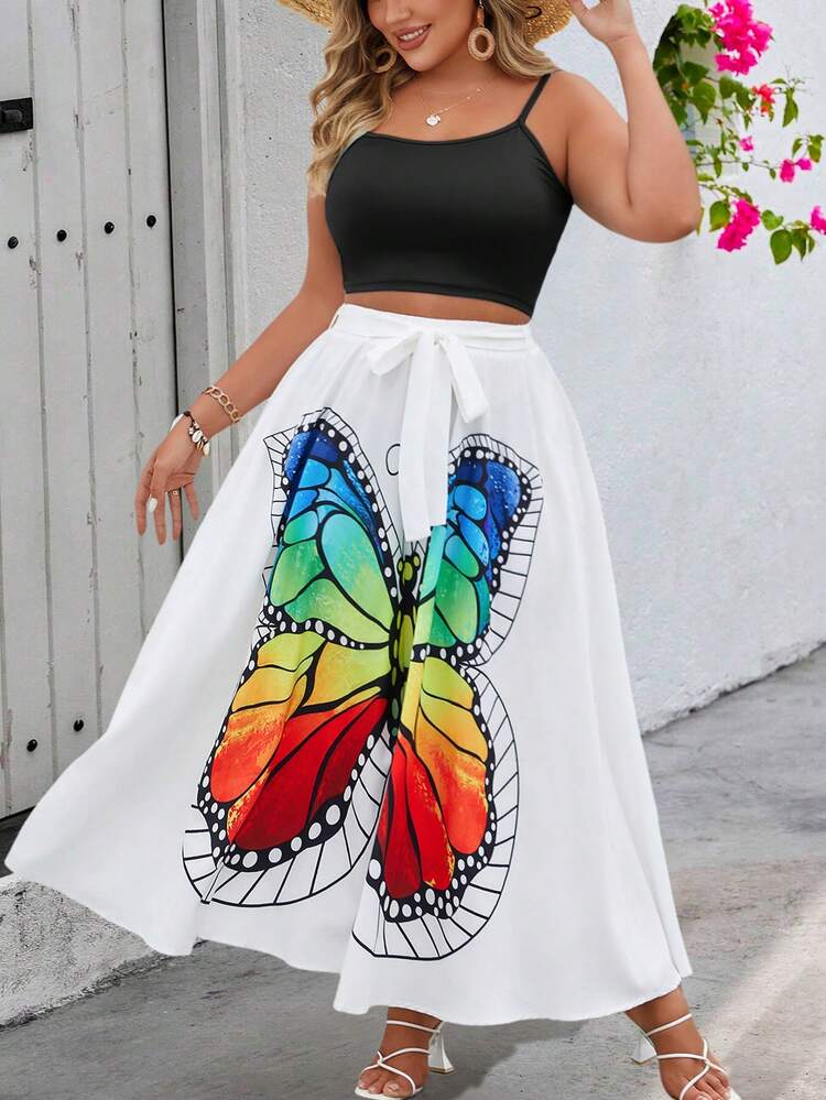 Plus-Size Solid Color Camisole Top And Butterfly Printed Skirt Two-Piece Set