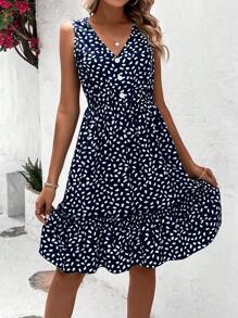 Breezaya 滿版印花荷葉邊連衣裙 - 藏蓝色 - 查看 5