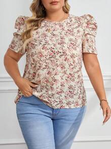SHEIN Clasi Camisa de manga gigot con estampado floral pequeño para tallas grandes, para el verano