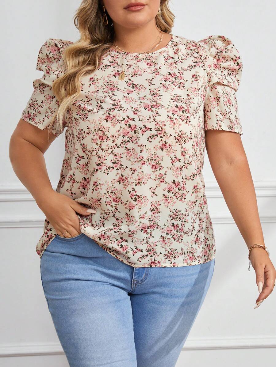 Reflora Plus Size Gigot Sleeves Shirt With Ditsy Floral Printing, For Summer - Apricot - View 1