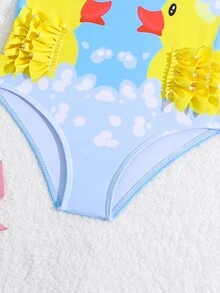 嬰兒女童印花荷葉邊一件式泳裝,海灘裝暑期度假必備 - 彩色 - 查看 3