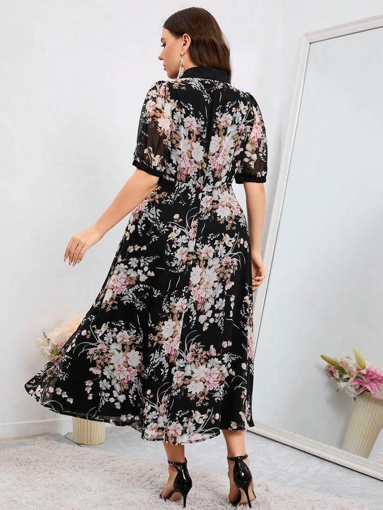 Plus Size Floral Print Dress With Shawl Collar And Puff Sleeves Long Evening Dresses