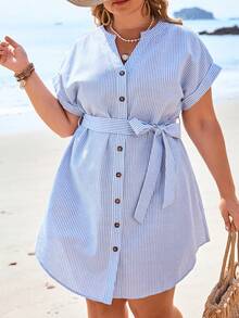 SHEIN VCAY Kích thước lớn Sọc Cổ áo có khía Mặt trước Nút Đầm Midi - Đen và trắng - Xem 3