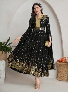 Al Najma V 领开衩下摆长裙简约时尚日常休闲 - 黑色 - 查看 6