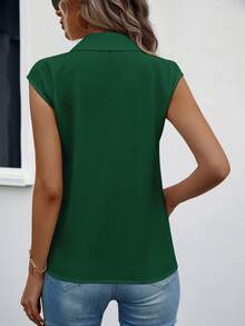 Solid Color Lapel Collar Sleeveless Shirt - Dark Green - View 2