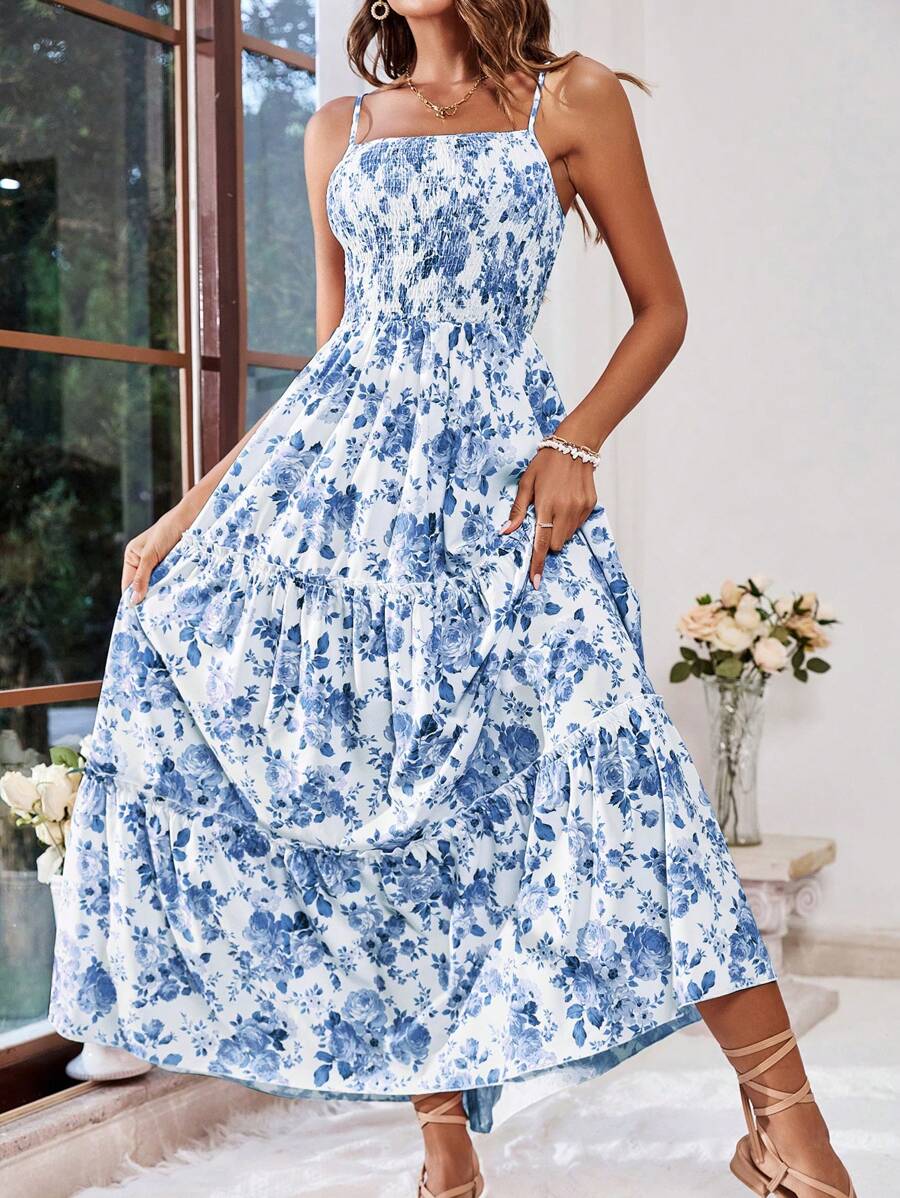 SHEIN VCAY Vestido de tirantes de espagueti para vacaciones con estampado floral en toda la prenda