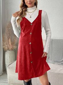 SHEIN Maternity Solid Color Button Detail V-Neck Sleeveless Dress, For Winter For New Year Clothes