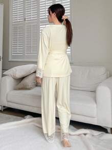 DAZY 3pcs Lace Patchwork Sheer Shoulder Sleepwear Set Pajama - Beige - View 2