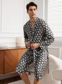 Men's Long Sleeve Homewear Robe With Letter Print - Black - View 6