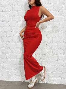 SHEIN EZwear 女性帶立領紅色針織美人魚裙 - 紅色 - 查看 3