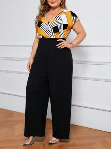 SHEIN Lady 加大碼顏色拼接v領蝙蝠袖寬鬆直筒連體褲 - 彩色 - 查看 5