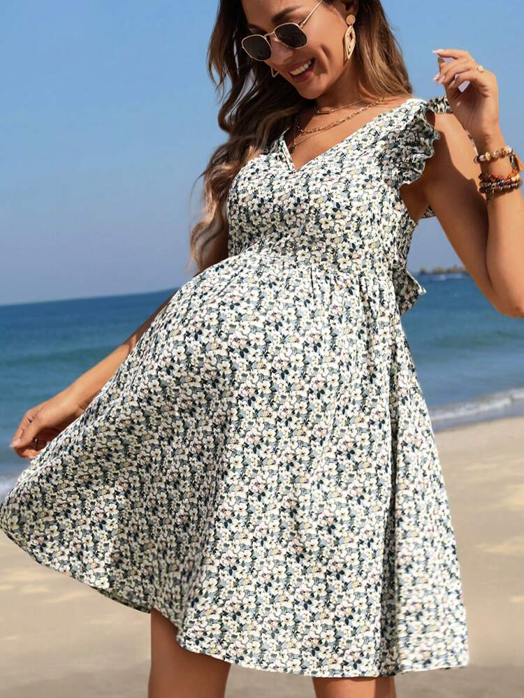 Maternity Floral Print Dress With Ruffle Edge, Lace Decor And Patchwork