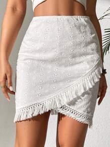 SHEIN Frenchy Của phụ nữ Boho Kỳ nghỉ Phong cách Bất đối xứng Viền tua Hem Váy - trắng - Xem 3