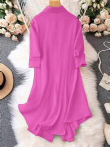 EMERY ROSE Solid Color Button-Trimmed V-Neckline A-Line Dress With Asymmetric Hem