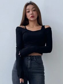 DAZY Solid Color Asymmetrical Neckline Slim Fit Long Sleeve T-Shirt,Fall Clothes - Black - View 3