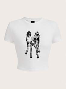 SHEIN EZwear 休闲简约时尚女士图案圆领短袖短款修身女式 T 恤，适合夏季 - 白色 - 查看 4