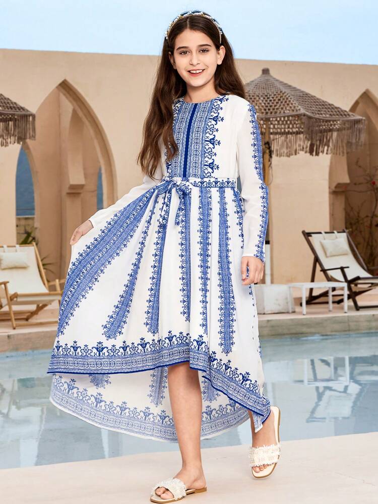 Tween Girls' Cute And Conservative Holiday Round Neck Long Sleeve Midi Dress