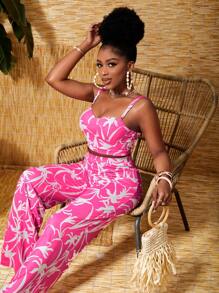 Slaydiva Two Piece Full Printed Cami Set For Women - Hot Pink - View 4