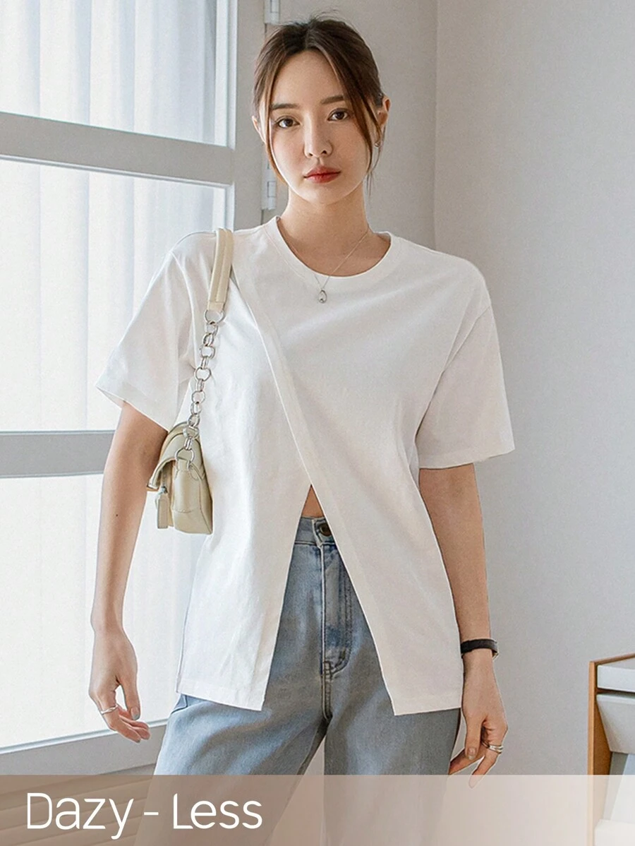 DAZY 女性短袖分割式t恤 - 白色 - 查看 1