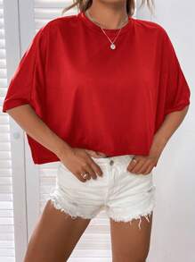 SHEIN EZwear Camiseta Sólida Corta De Manga Murciélago - Rojo - Ver 3