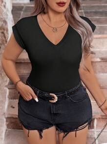 Calvaya Plus Size V-Neck Pleated Solid Color T-Shirt