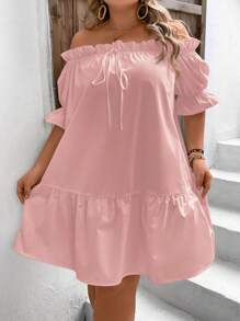 SHEIN VCAY 加大號露肩荷葉邊散摺連衣裙 - 粉色 - 查看 7