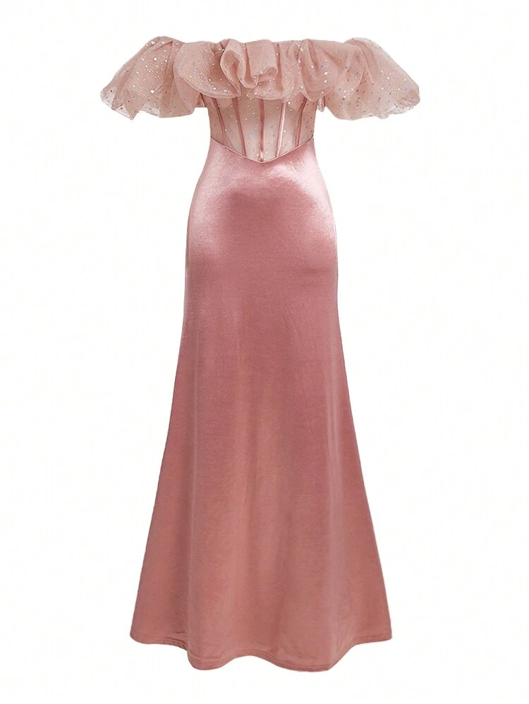 Women's Perspective Patchwork Mermaid Hem Ruffle Off Shoulder Evening Formal Dress