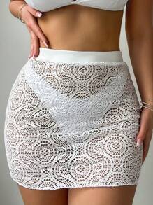 SHEIN Swim Váy thêu rỗng - trắng - Xem 3