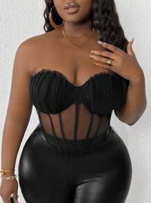 Slaydiva 性感網紗透視無肩帶加大尺碼女士上衣