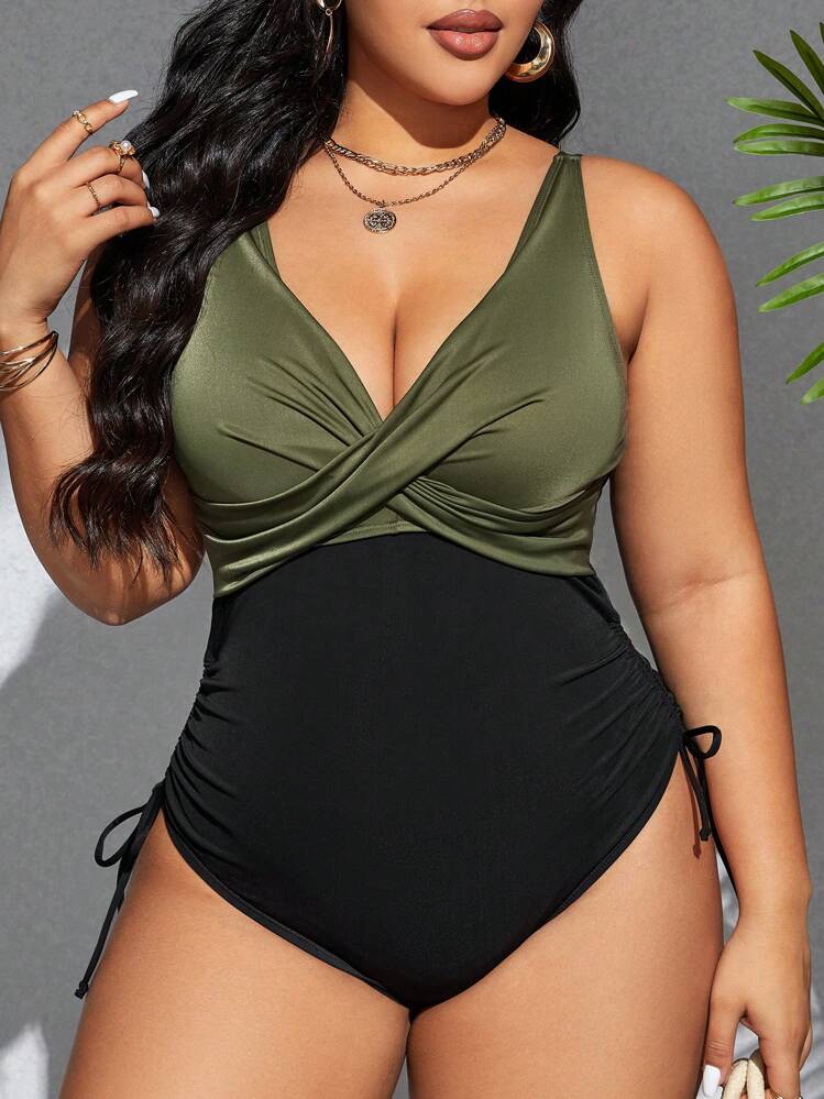 SHEIN Swim Curve Costume Da Bagno Intero Con Dettagli Di Colore A Contrasto E Nodo Intrecciato Per Donne Taglie Forti, Abbigliamento Spiaggia Per Vacanza - Multicolore - Visualizzare 2