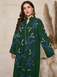 Al Najma Plus Size Embroidered Bell Sleeve Dress - Dark Green - View 4