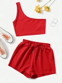 SHEIN EZwear 针织纯色单肩上衣和抽绳腰短裤套装 - 紅色 - 查看 1