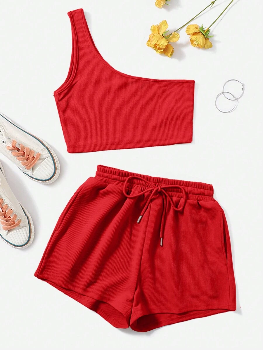 SHEIN EZwear 针织纯色单肩上衣和抽绳腰短裤套装 - 紅色 - 查看 1