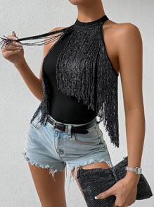 Chiquease 修身剪裁流蘇裝飾露頸連體褲 - 黑色 - 查看 4