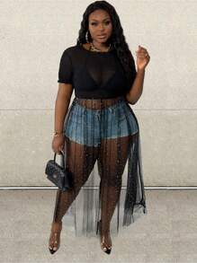 Slaydiva Plus Size Sheer Mesh Top - Black - View 1